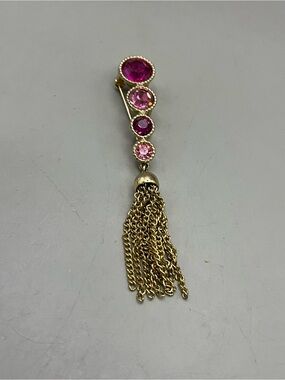 Vintage Gold Tone Pink Fuchsia Crystal Rhinestone Tassel Fringe Dangle Brooch